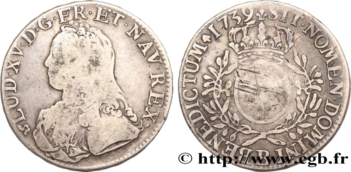 LOUIS XV DIT LE BIEN AIMÉ Écu aux branches d olivier, buste habillé 1739 Rouen TB