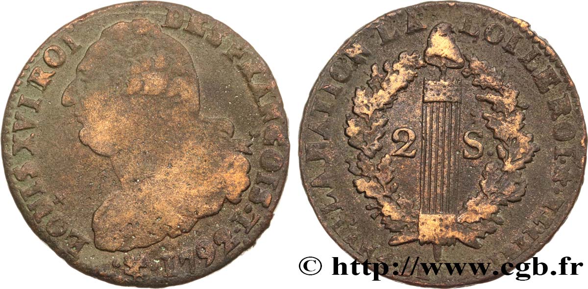 LOUIS XVI 2 sols dit  au faisceau , type FRANÇOIS 1792 Bayonne VF/VF