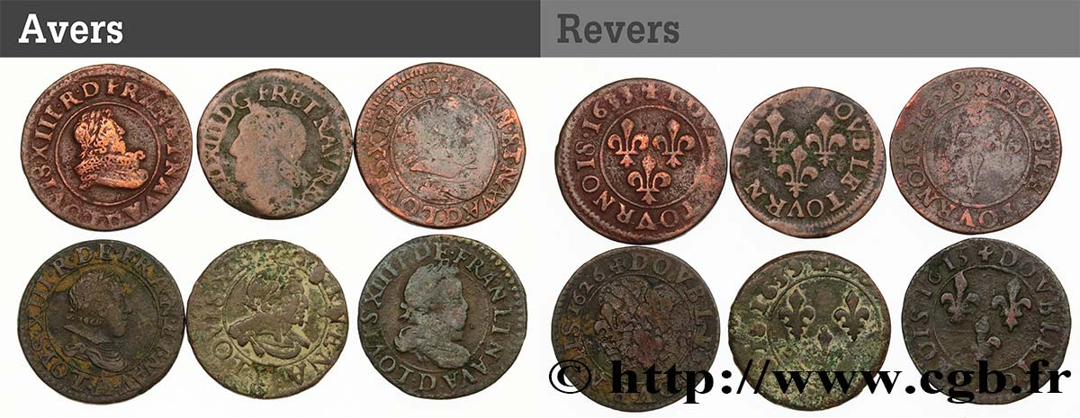 LOUIS XIII LE JUSTE Lot de 6 doubles tournois de Louis XIII n.d. s.l. B+