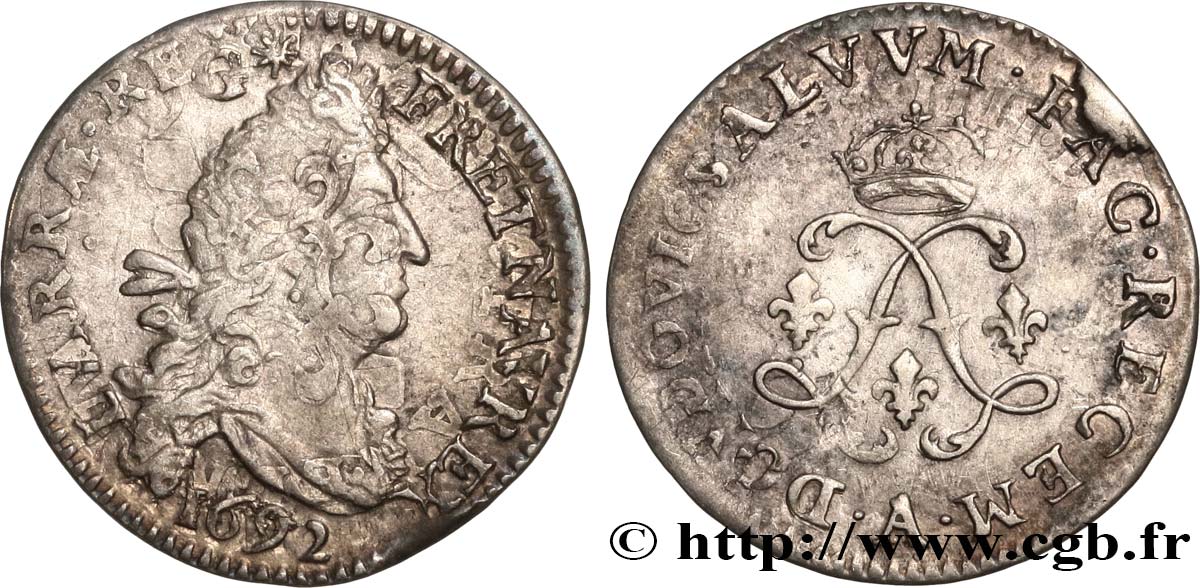 LOUIS XIV LE GRAND OU LE ROI SOLEIL Quatre sols aux deux L 1692 Paris TB+