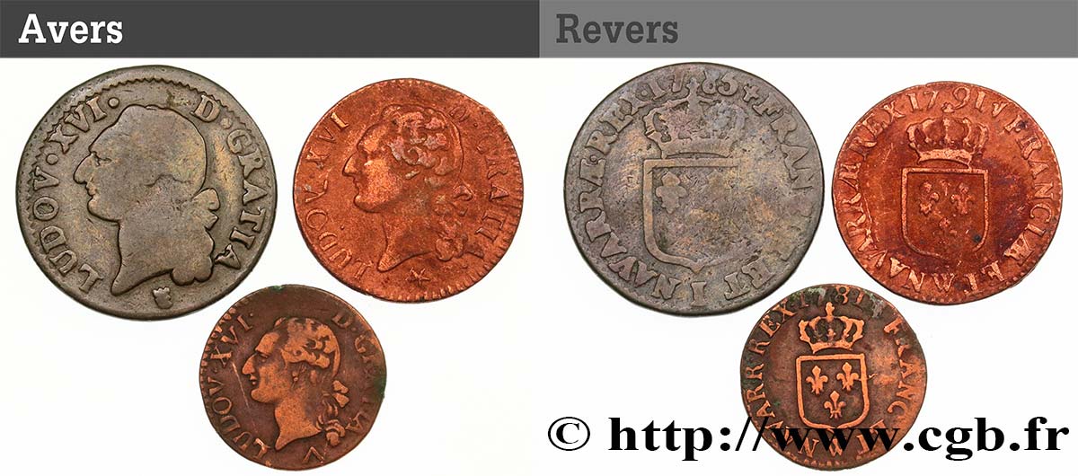 LOUIS XVI Lot de 3 monnaies royales n.d. Ateliers divers fS