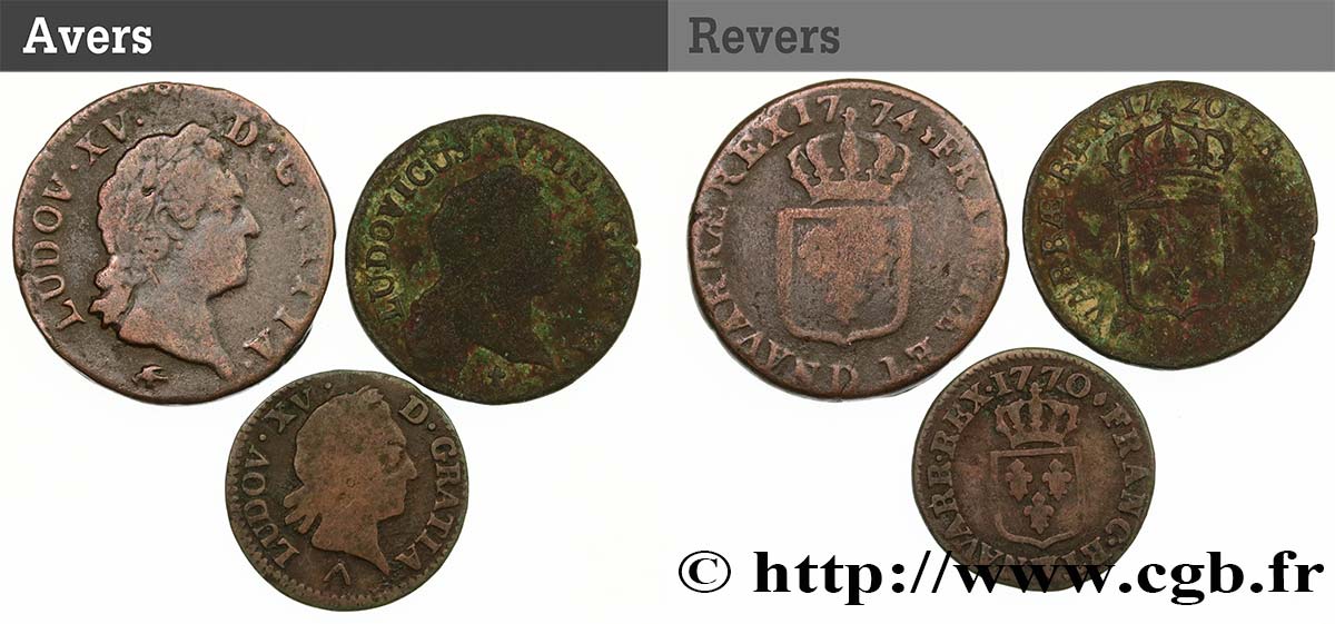 LOUIS XV  THE WELL-BELOVED  Lot de 3 monnaies royales n.d. Ateliers divers BC