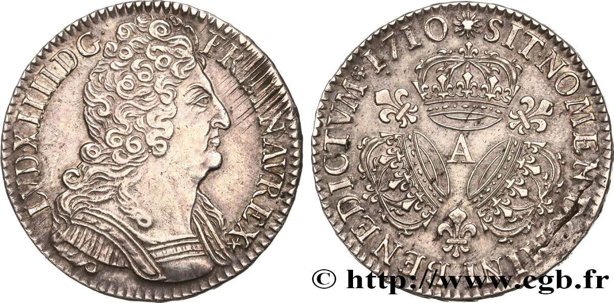 LOUIS XIV  THE SUN KING  Demi-écu aux trois couronnes 1710 Paris q.SPL