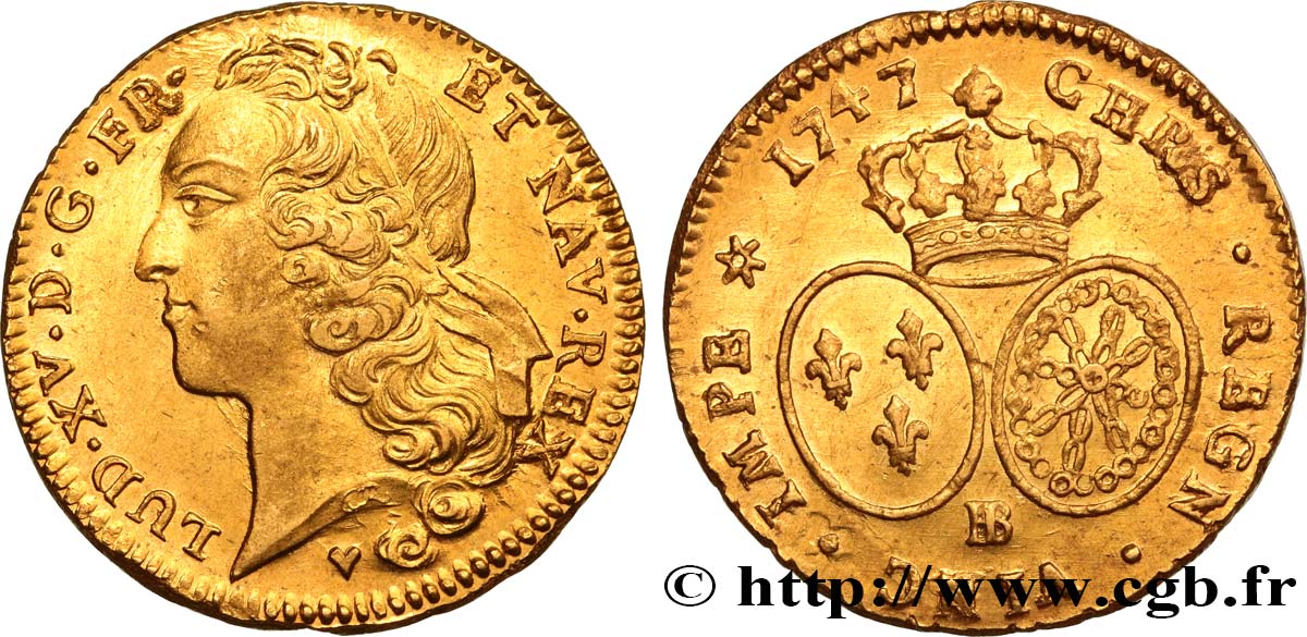 LOUIS XV  THE WELL-BELOVED  Double louis d’or aux écus ovales, tête ceinte d’un bandeau 1747 Strasbourg EBC/MBC+