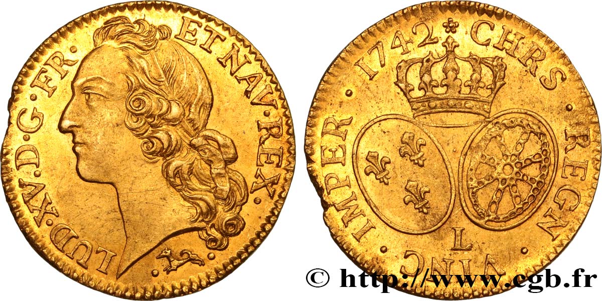 LOUIS XV  THE WELL-BELOVED  Louis d’or aux écus ovales, tête ceinte d’un bandeau 1742 Bayonne VZ/fVZ
