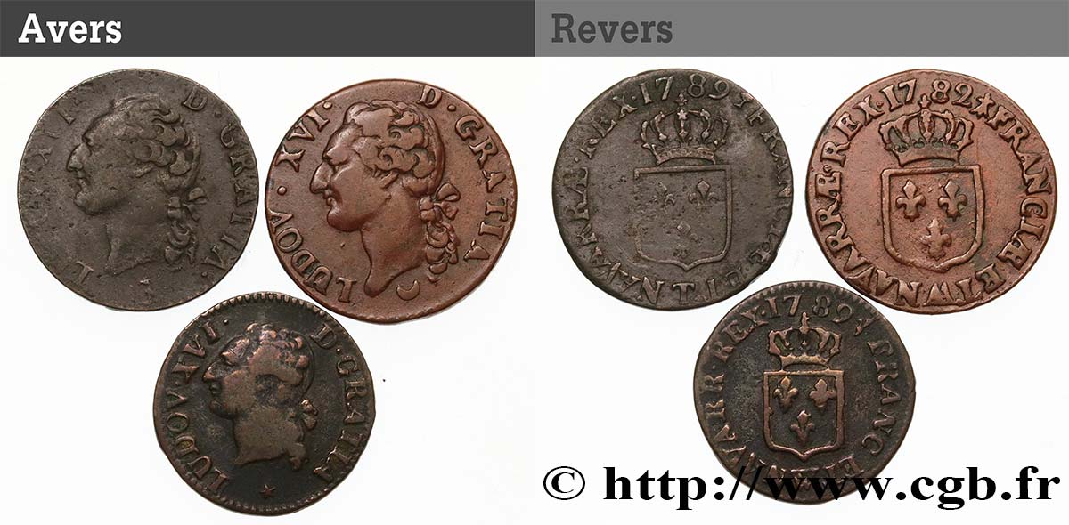 LOUIS XVI (MONARQUE CONSTITUTIONNEL)  Lot de 3 monnaies royales n.d. Ateliers divers B+