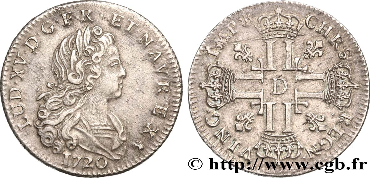 LOUIS XV  THE WELL-BELOVED  Louis d’argent à la croix aux huit L couronnées 1720 Lyon BB/q.SPL