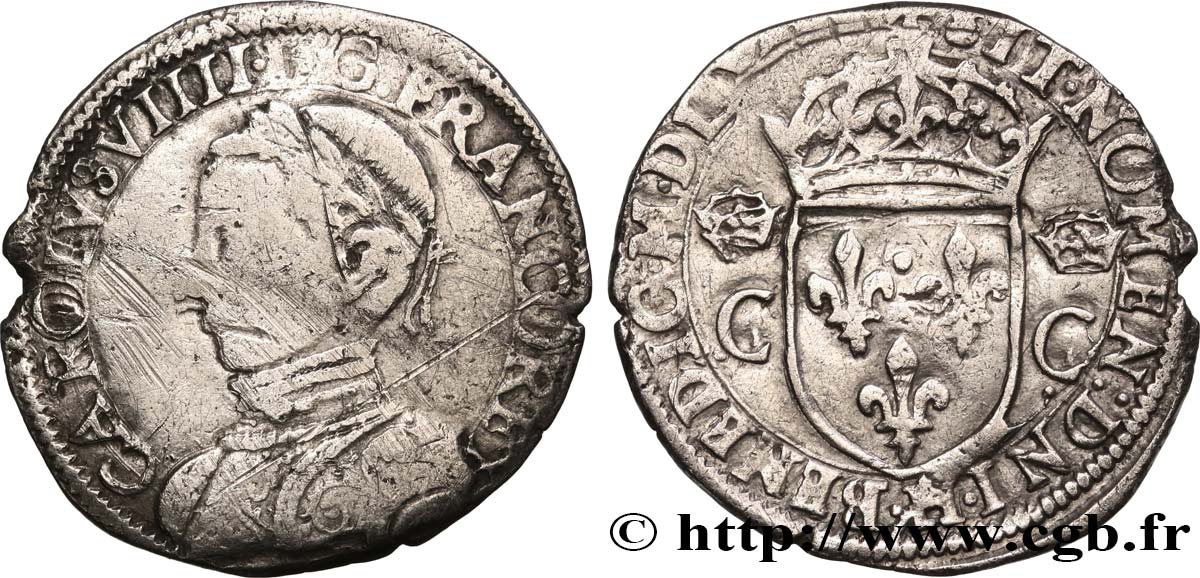 HENRI III. MONNAYAGE AU NOM DE CHARLES IX Demi-teston, 2e type 1564 (MDLXIIII) La Rochelle TB/TB+