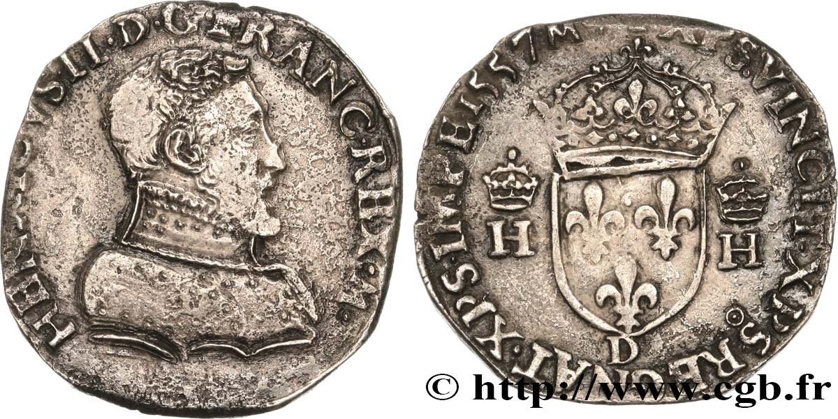 HENRI II Teston à la tête nue, 1er type 1557 Lyon TTB
