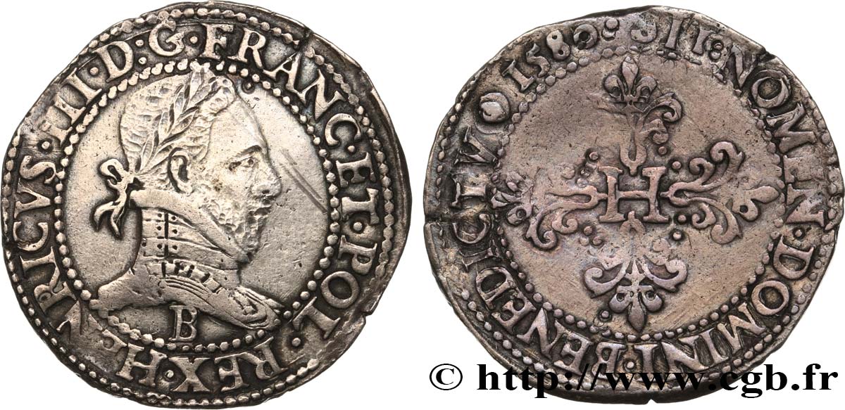 HENRY III Franc au col plat 1580 Rouen XF