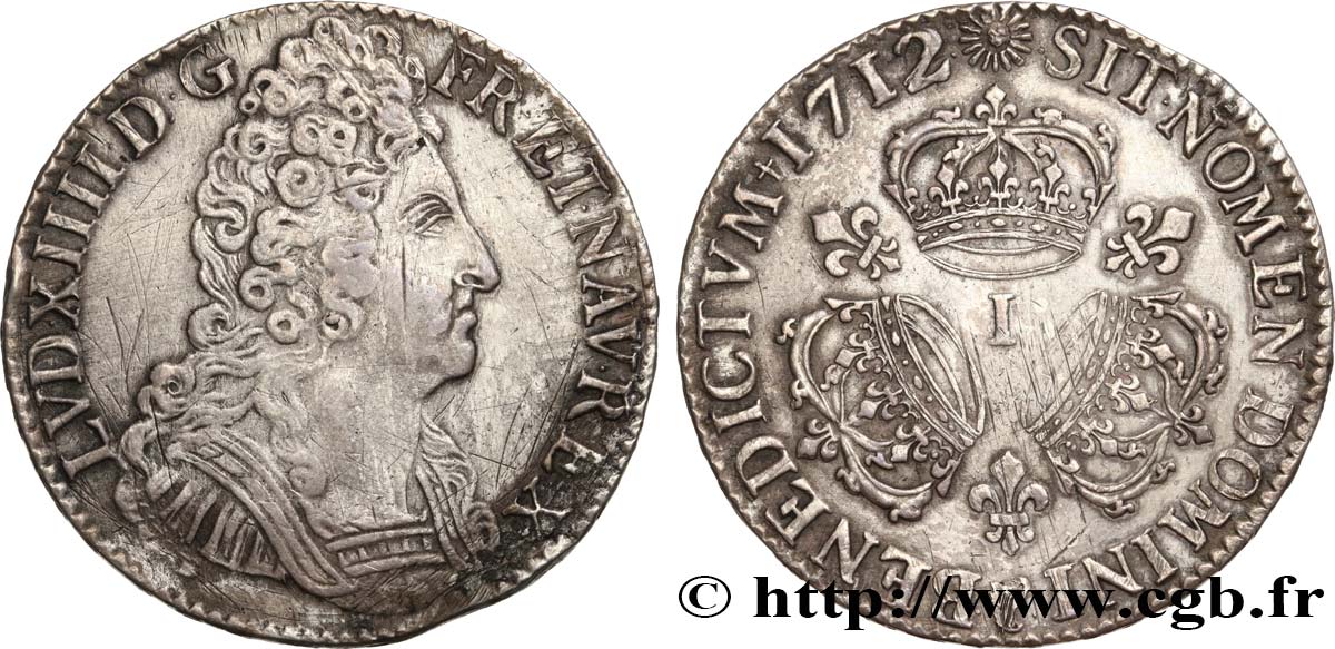 LOUIS XIV  THE SUN KING  Écu aux trois couronnes 1712 Limoges BC+/MBC