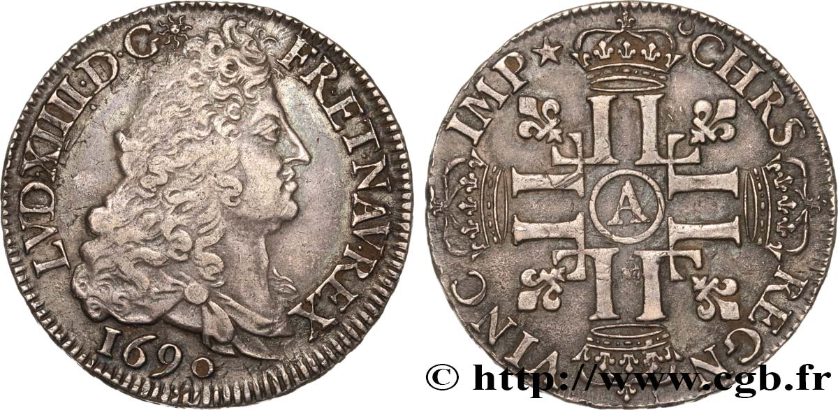 LOUIS XIV  THE SUN KING  Demi-écu aux huit L, 1er type 1690 Paris q.SPL