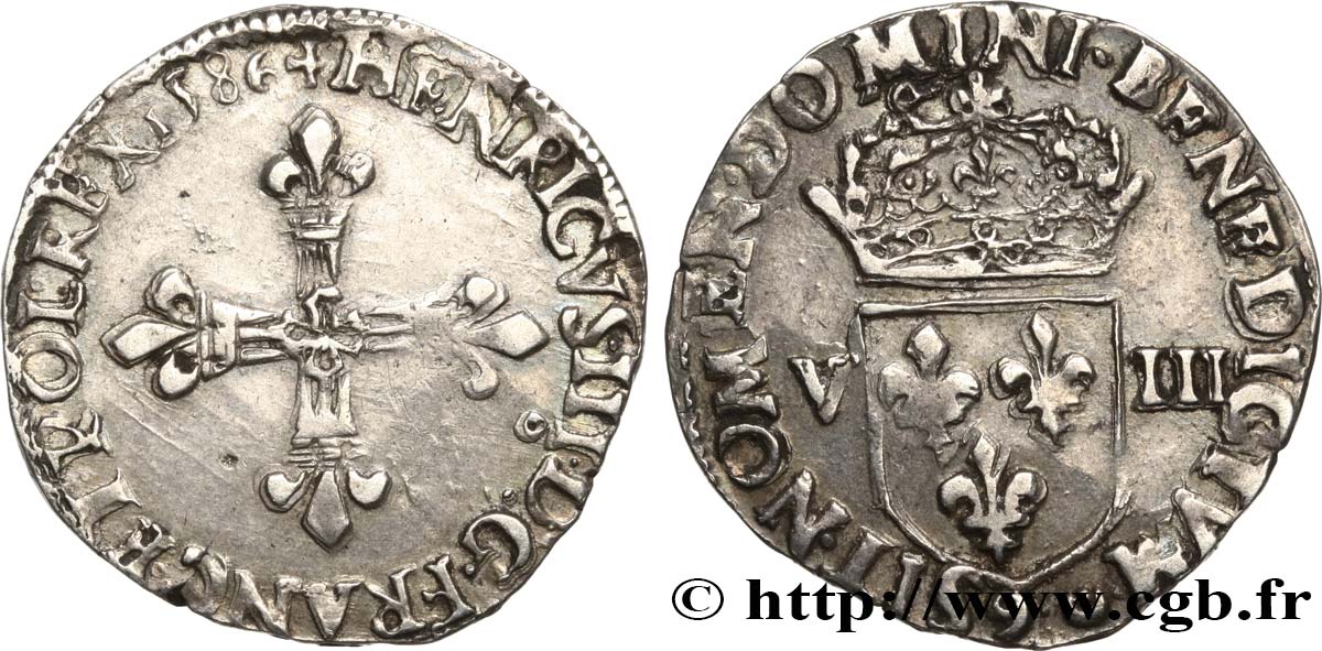 HENRY III Huitième d écu, croix de face 1586 Rennes XF