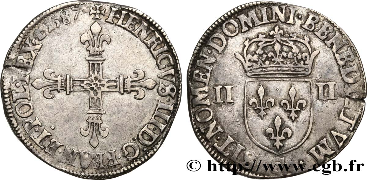 HENRY III Quart d écu, croix de face 1587 Saint-Lô XF