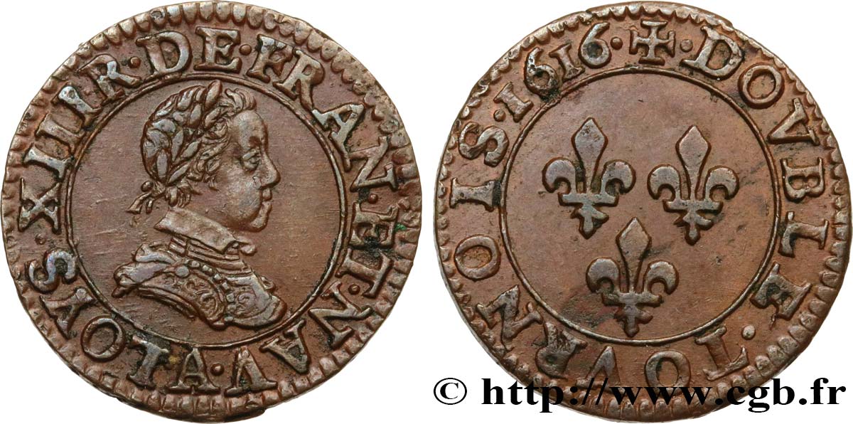 LOUIS XIII LE JUSTE Double tournois, type 1 1616 Paris, Moulin du Louvre SUP