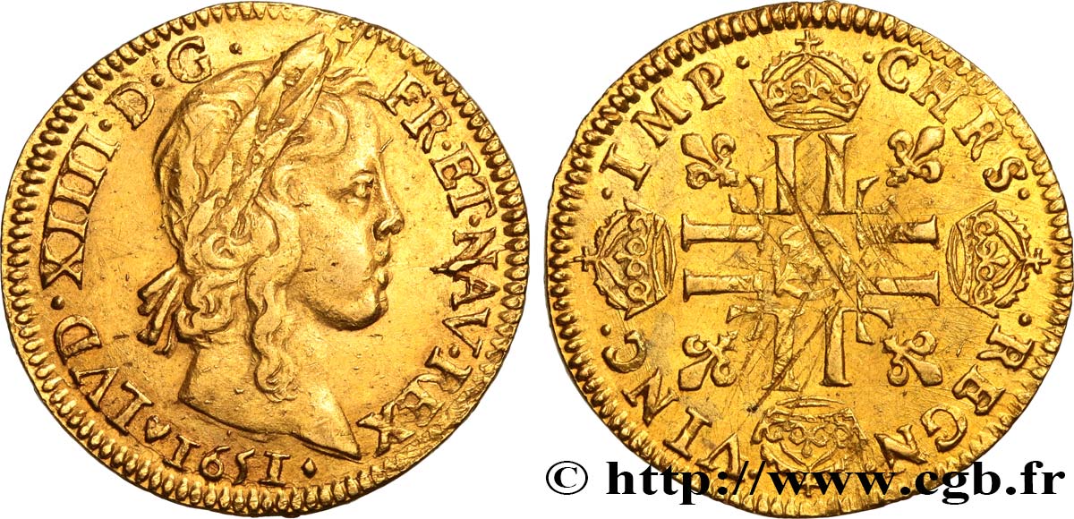 LOUIS XIV  THE SUN KING  Louis d’or aux huit L, portrait à la mèche longue 1651 La Rochelle BB