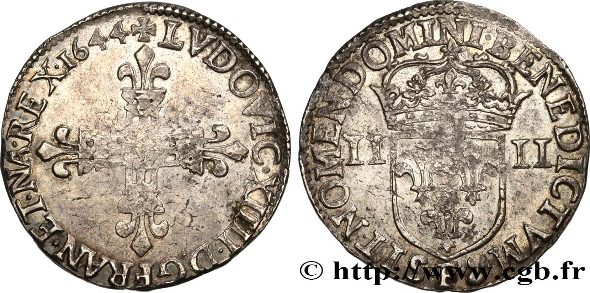 LOUIS XIV  THE SUN KING  Quart d écu, titulature côté croix 1644 Angers SS