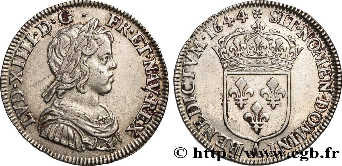 LOUIS XIV  THE SUN KING  Quart d écu, portrait à la mèche courte 1644 Paris, Monnaie de Matignon SS