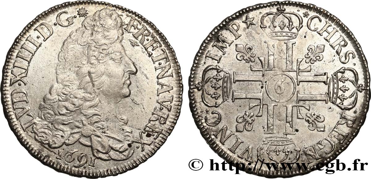 LOUIS XIV  THE SUN KING  Écu aux huit L, 1er type 1691 Rennes fVZ