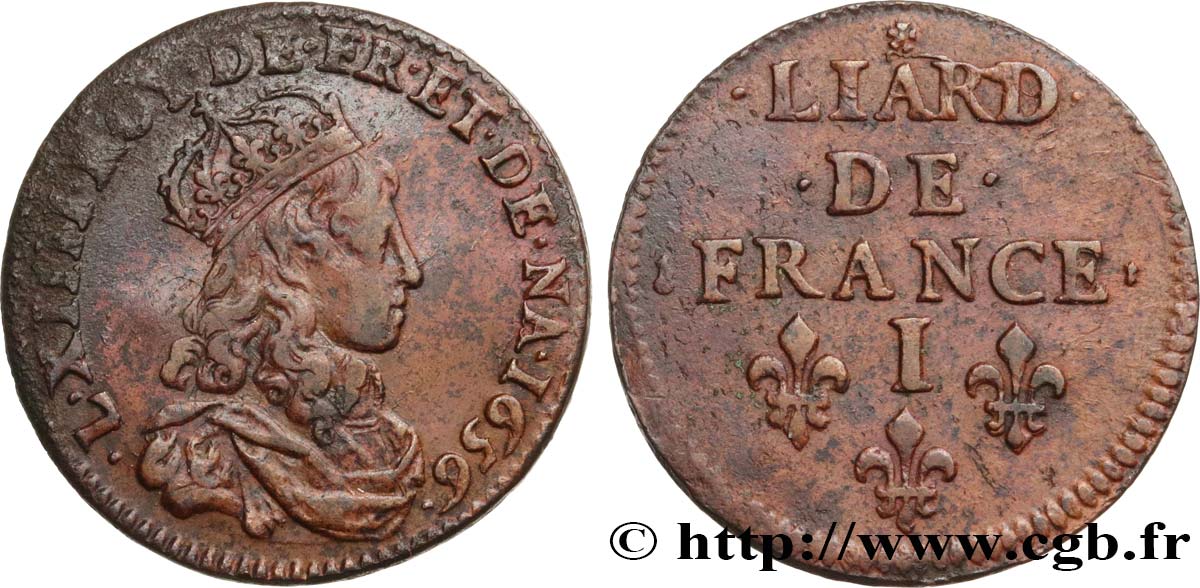 LOUIS XIV  THE SUN KING  Liard de cuivre, 2e type 1656 Limoges XF