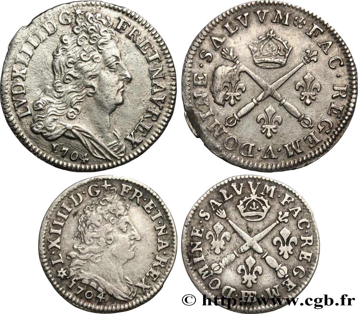 LOUIS XIV LE GRAND OU LE ROI SOLEIL Lot de 2 monnaies royales en argent 1704 Ateliers divers TTB