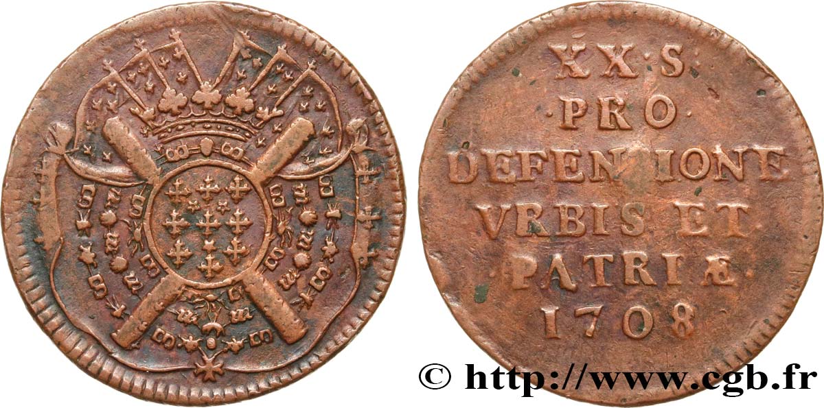 FLANDERS - SIEGE OF LILLE Vingt sols, monnaie obsidionale 1708 Lille XF