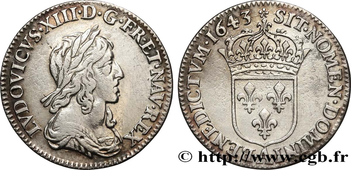 LOUIS XIII LE JUSTE Douzième d écu, buste drapé et cuirassé (2e buste de Jean Warin) 1643 Paris, Monnaie de Matignon TB+/TTB