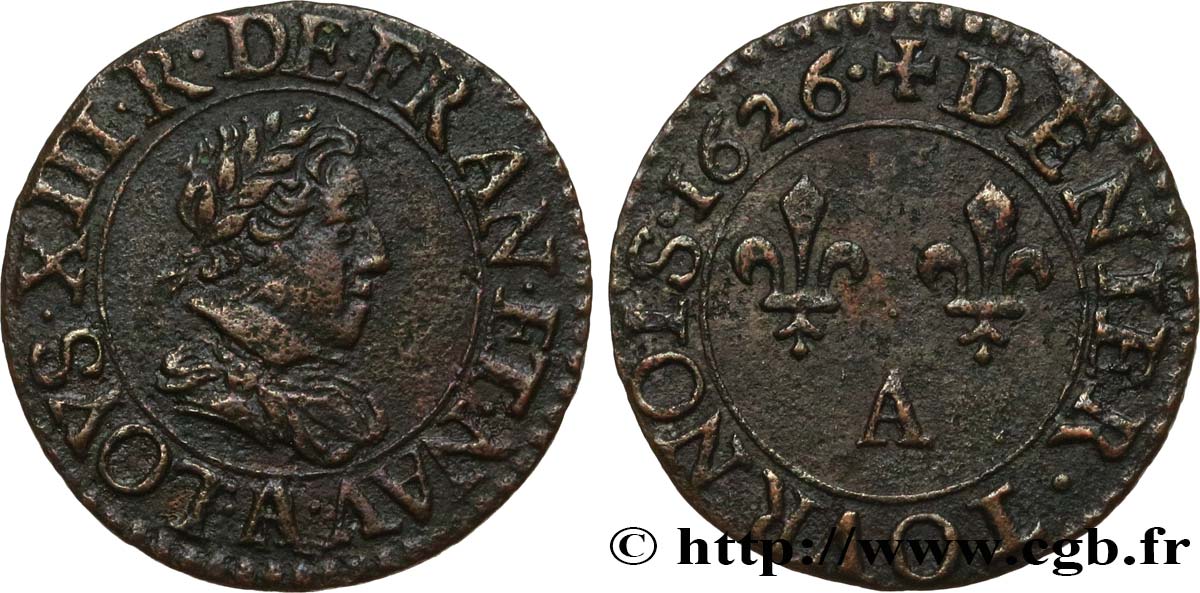 LOUIS XIII  Denier tournois, buste juvénile avec le col plat, (11e portrait) 1626 Paris SS