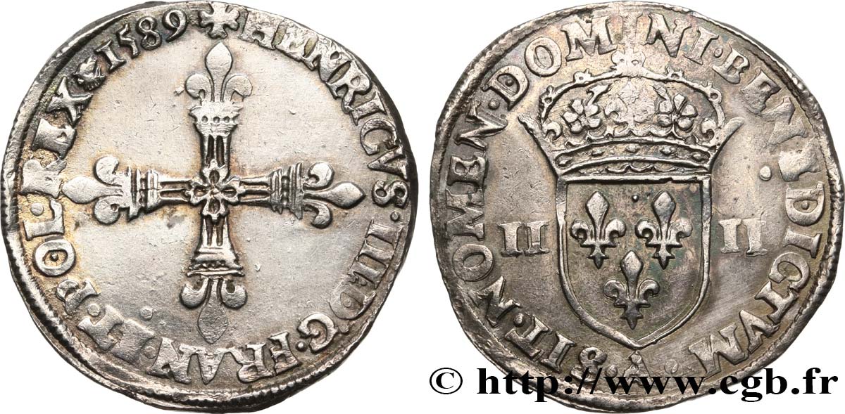 HENRY III Quart d écu, croix de face 1589 Paris AU