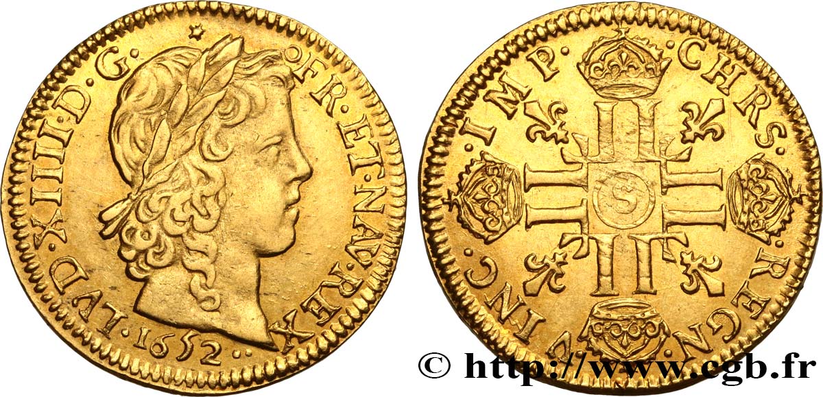 LOUIS XIV  THE SUN KING  Louis d’or aux huit L, portrait à la mèche longue 1652 Troyes MBC+/EBC