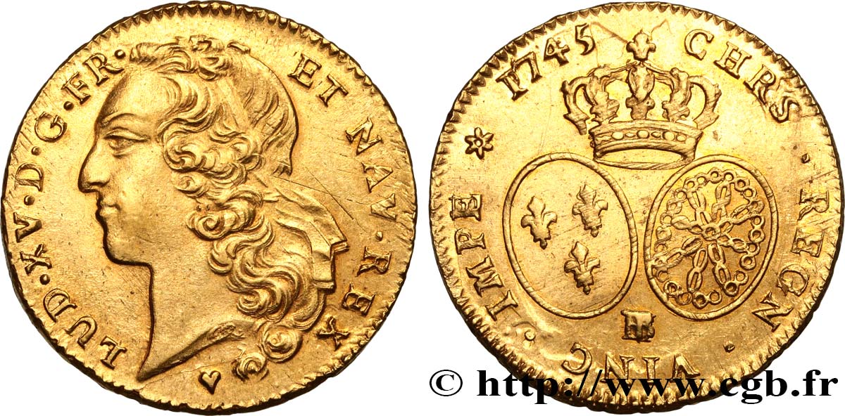 LOUIS XV  THE WELL-BELOVED  Double louis d’or aux écus ovales, tête ceinte d’un bandeau 1745 Strasbourg fVZ/VZ