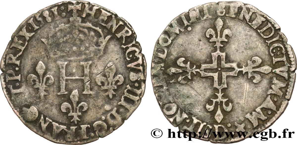 HENRI III Double sol parisis, 2e type 1581 Lyon TTB