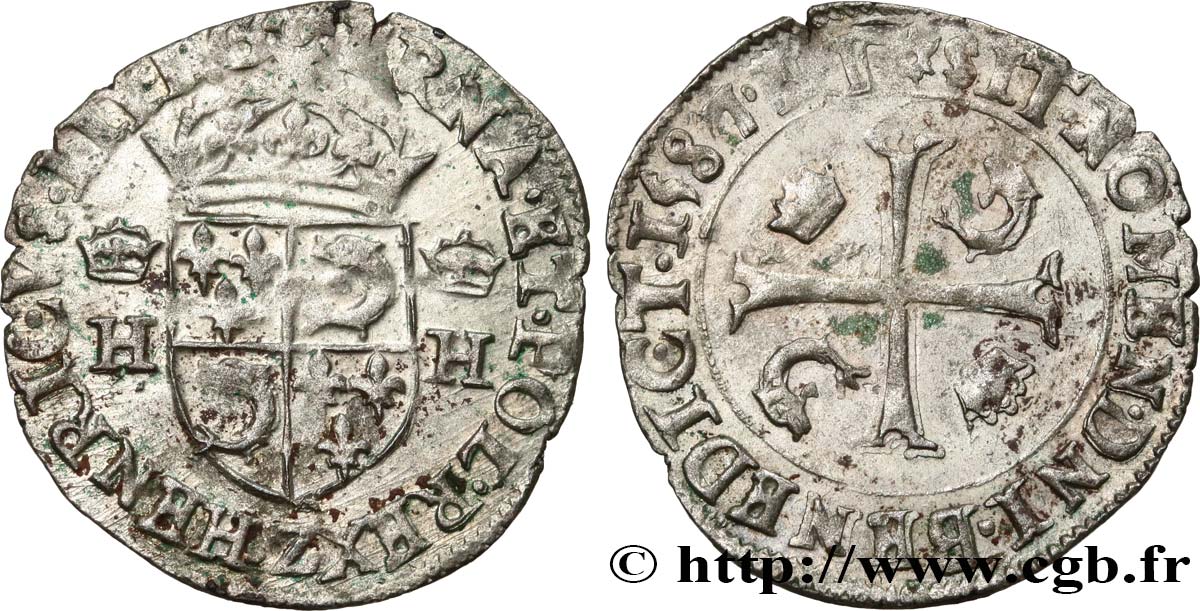 HENRY III Douzain du Dauphiné aux deux H couronnées, variété de légende 1587 Grenoble XF/AU
