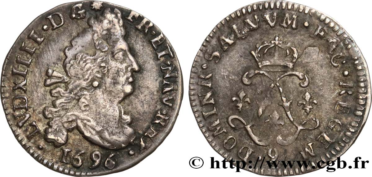 LOUIS XIV LE GRAND OU LE ROI SOLEIL Quatre sols aux deux L 1696 Rennes TTB