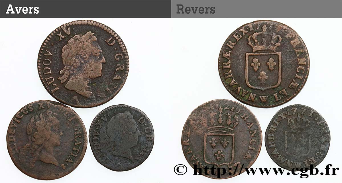 LOUIS XV  THE WELL-BELOVED  Lot de 3 monnaies royales n.d. Ateliers divers S