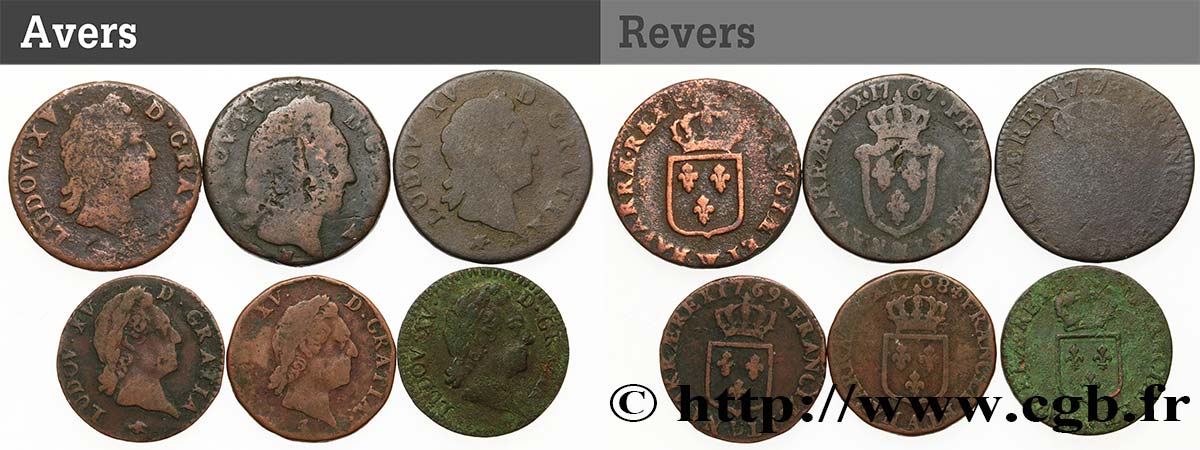LOUIS XV  THE WELL-BELOVED  Lot de 6 monnaies royales n.d. Ateliers divers RC+