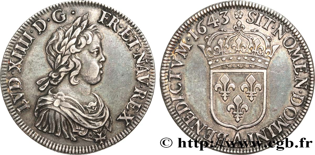 LOUIS XIV  THE SUN KING  Écu, portrait à la mèche courte 1643 Paris, Monnaie de Matignon q.SPL