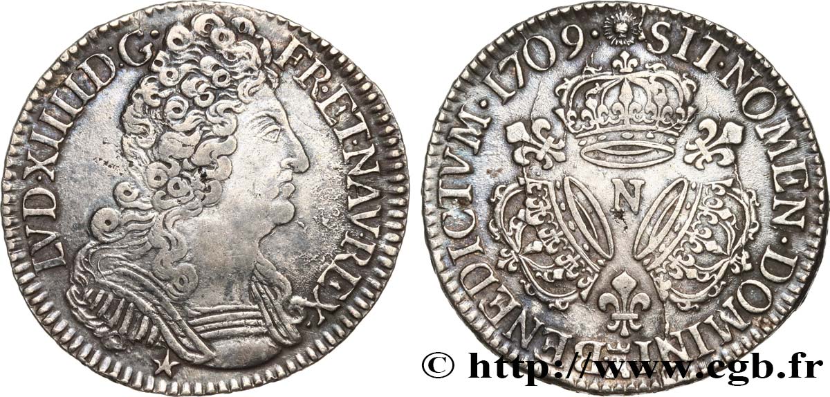LOUIS XIV  THE SUN KING  Demi-écu aux trois couronnes 1709 Montpellier XF/AU
