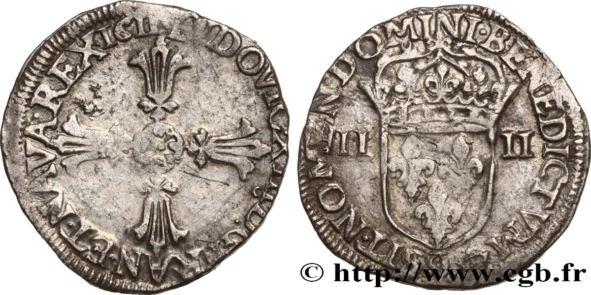 LOUIS XIII LE JUSTE Quart d écu, à la croix fleuronnée, titulature côté croix 1611 Rennes TB+/TTB