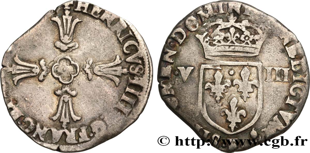 HENRY IV Huitième d écu, croix feuillue de face n.d. Angers q.BB