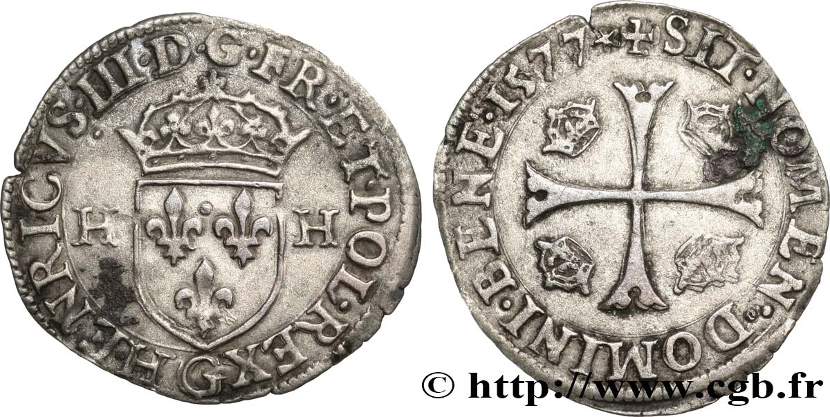 HENRI III Douzain aux deux H, 1er type 1577 Poitiers TB+