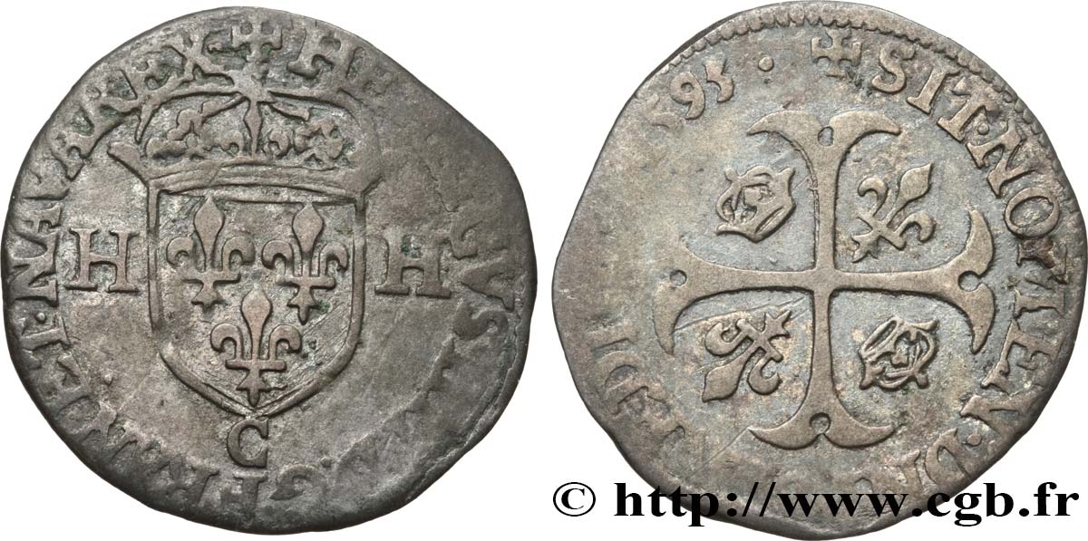 HENRY IV Douzain aux deux H, 2e type 1593 Saint-Lô BC