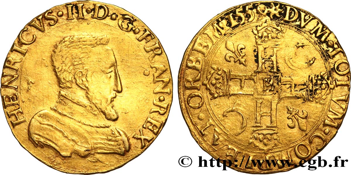 FRANCIS II. COINAGE AT THE NAME OF HENRY II Double Henri d or 1er type 1559 Rouen BB