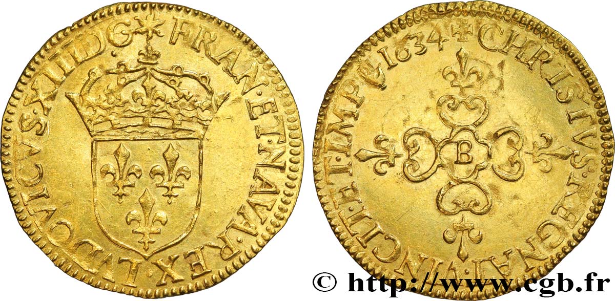 LOUIS XIII  Écu d or au soleil, à la croix anillée fleurdelisée 1634 Rouen AU
