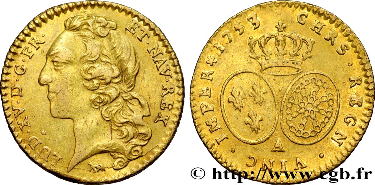LOUIS XV  THE WELL-BELOVED  Demi-louis d’or aux écus ovales, tête ceinte d’un bandeau 1753 Paris BB