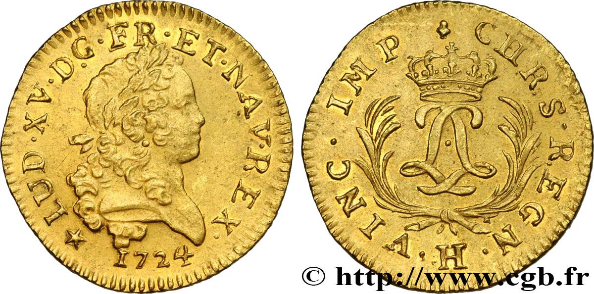 LOUIS XV THE BELOVED Louis d or aux deux L entrelacées et aux palmes longues 1724 La Rochelle AU