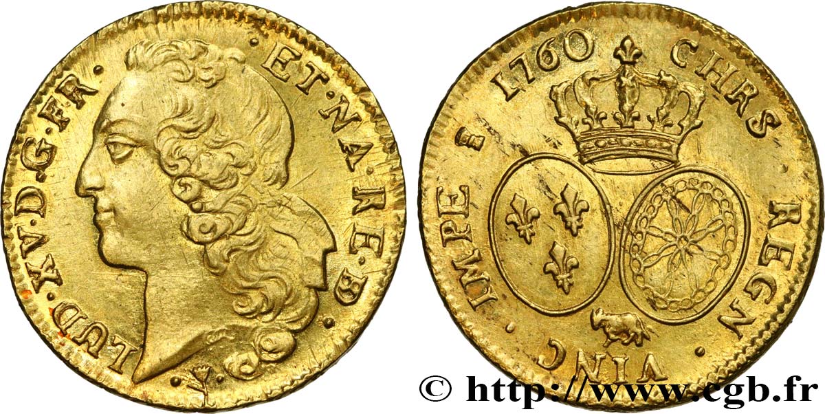LOUIS XV DIT LE BIEN AIMÉ Double louis d’or aux écus ovales, tête ceinte d’un bandeau 1760 Pau SPL