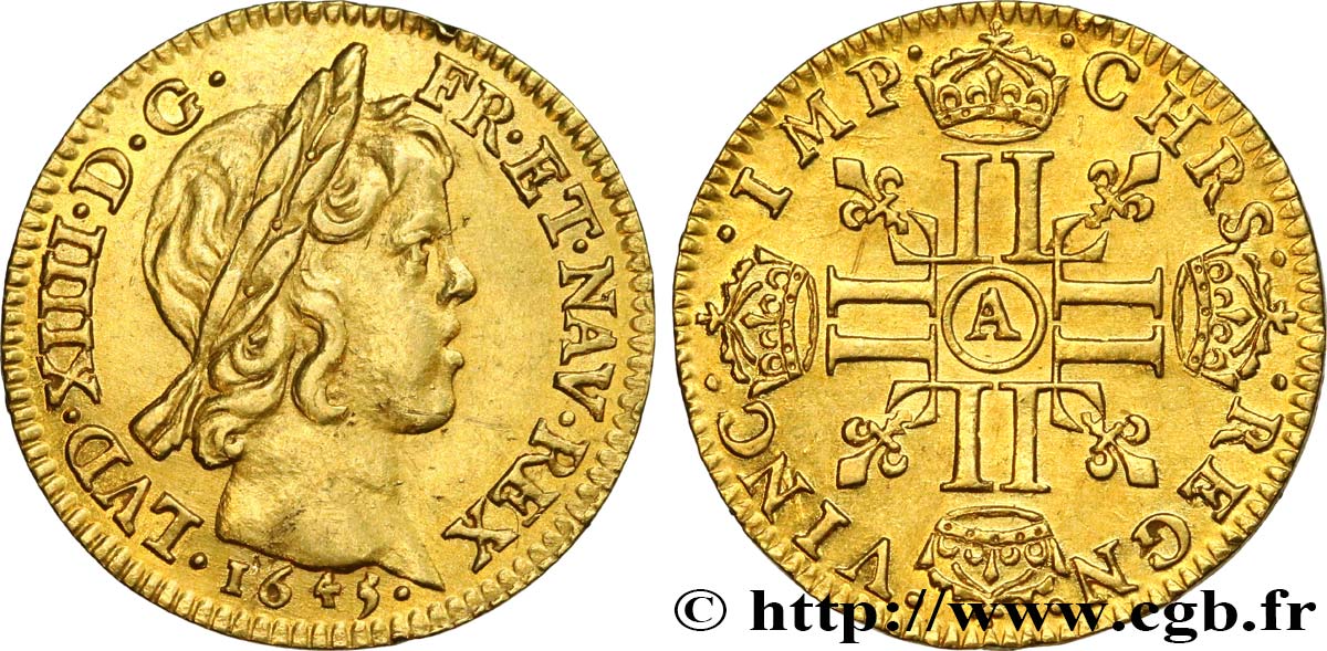 LOUIS XIV  THE SUN KING  Demi-louis d or aux huit L, portrait à la mèche courte 1645 Paris EBC