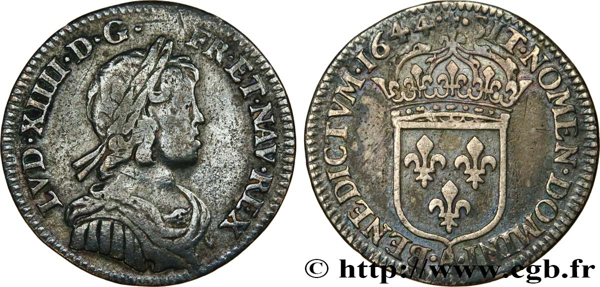 LOUIS XIV LE GRAND OU LE ROI SOLEIL Douzième d écu à la mèche courte 1644 Paris, Monnaie de Matignon TB+/TTB