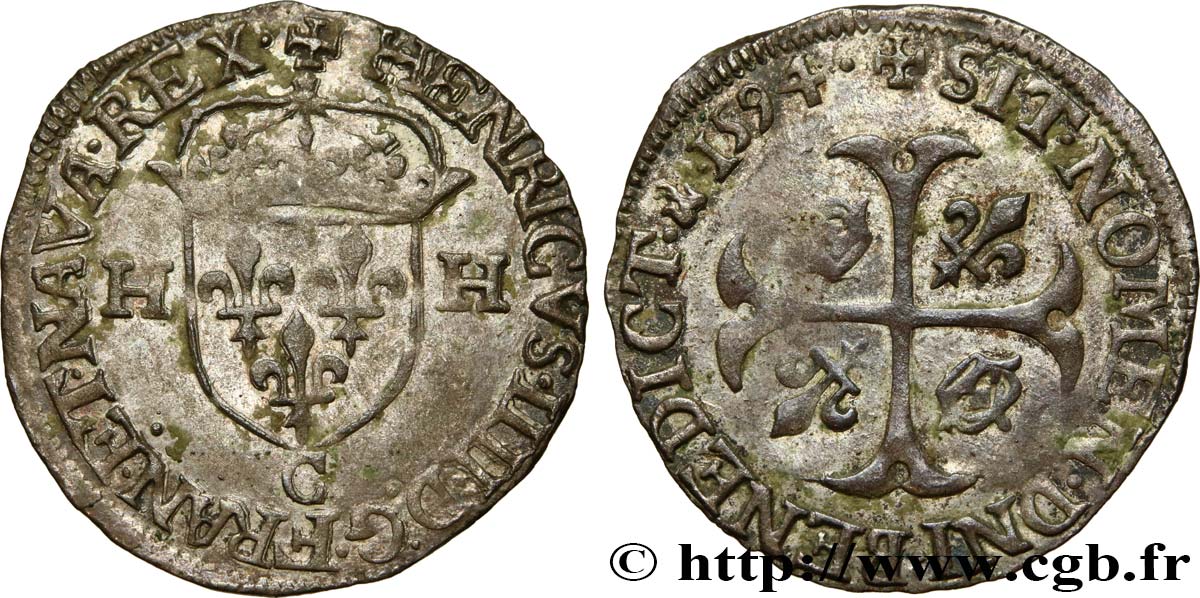 HENRI IV LE GRAND Douzain aux deux H, 2e type 1594 Saint-Lô TTB